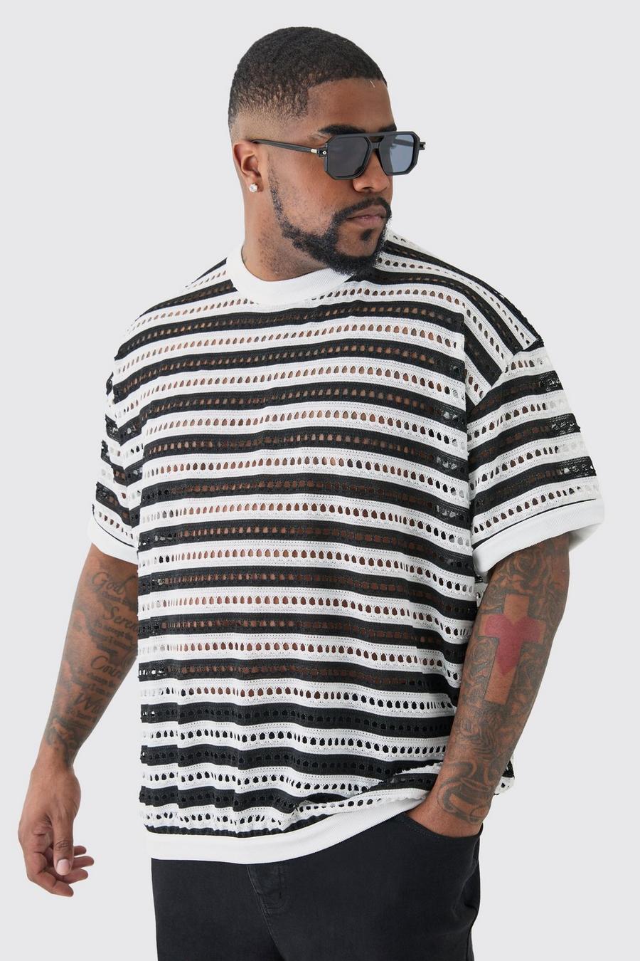 Black Plus Crochet Striped Oversized T-Shirt image number 1