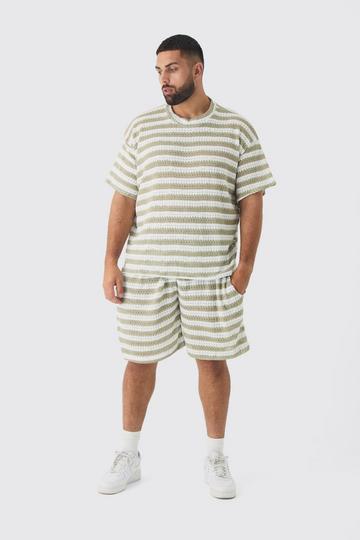 Khaki Plus Crochet Striped T-shirt and Short Set