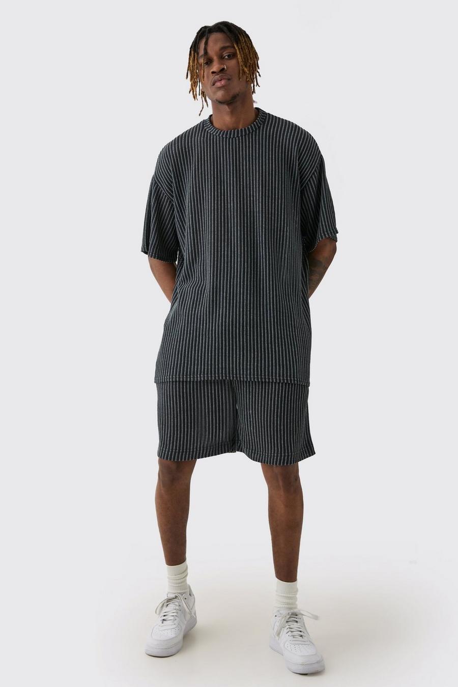 Charcoal Tall Crochet Rib T-Shirt & Short Set image number 1