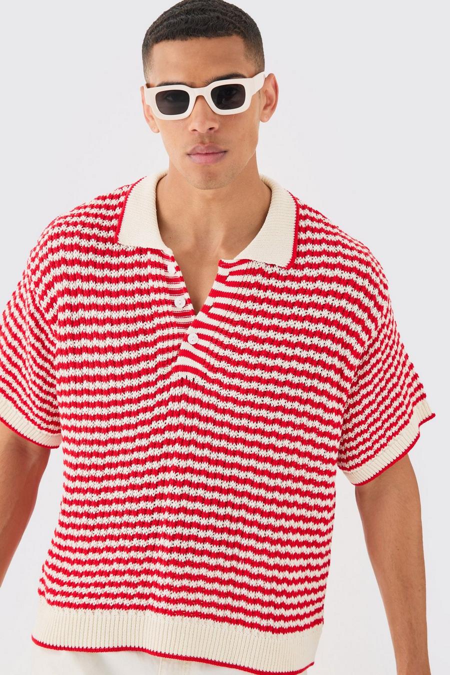 Multi Oversized Gehaakte Boxy Polo Met Open Stiksels image number 1