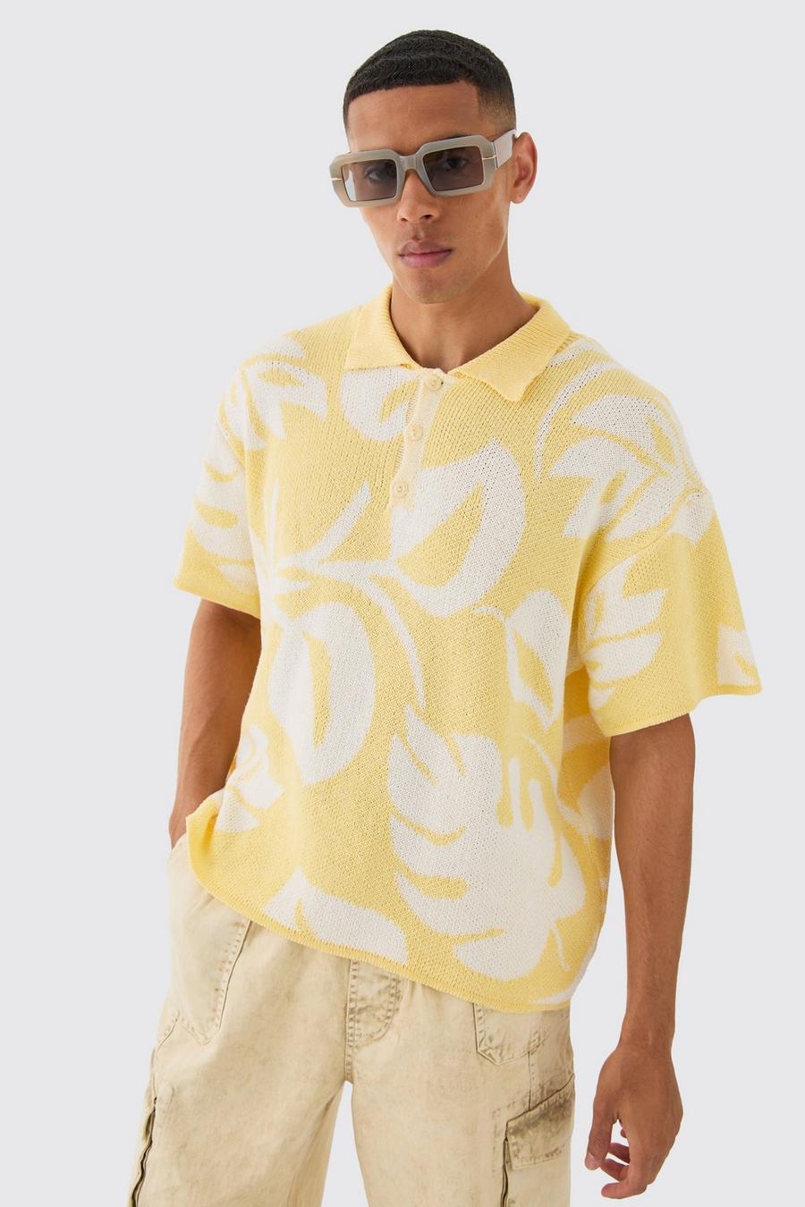 Kastiges Oversize Jacquard Strick-Poloshirt mit floralem Print, Yellow