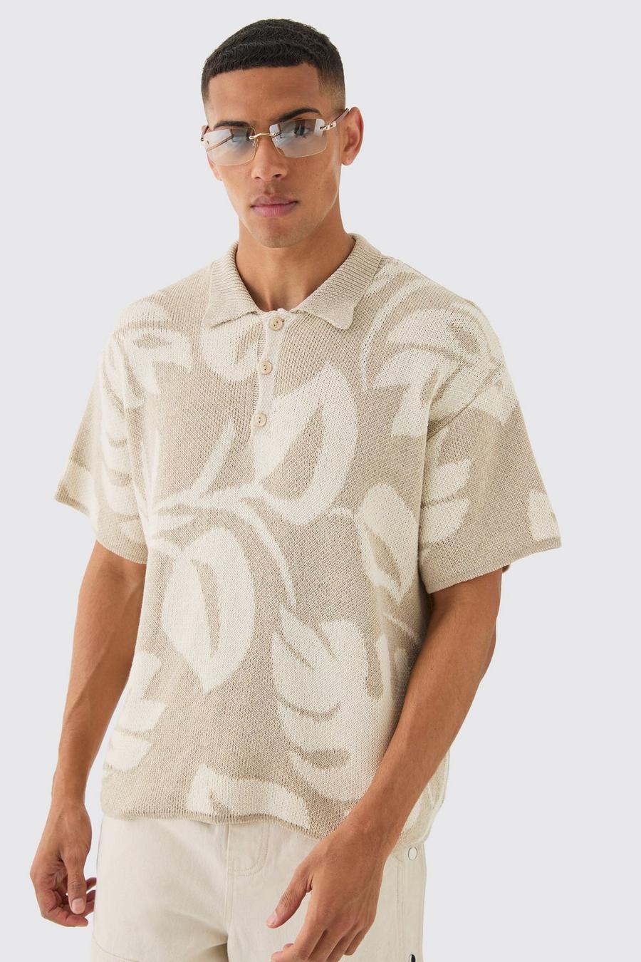 Kastiges Oversize Jacquard Strick-Poloshirt mit floralem Print, Stone