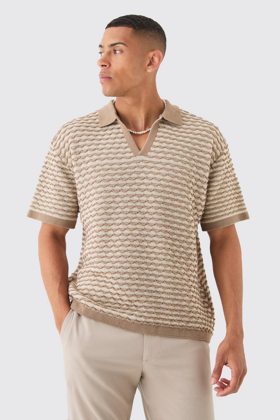 Kastiges strukturiertes Oversize Strick-Poloshirt mit Streifen, Stone