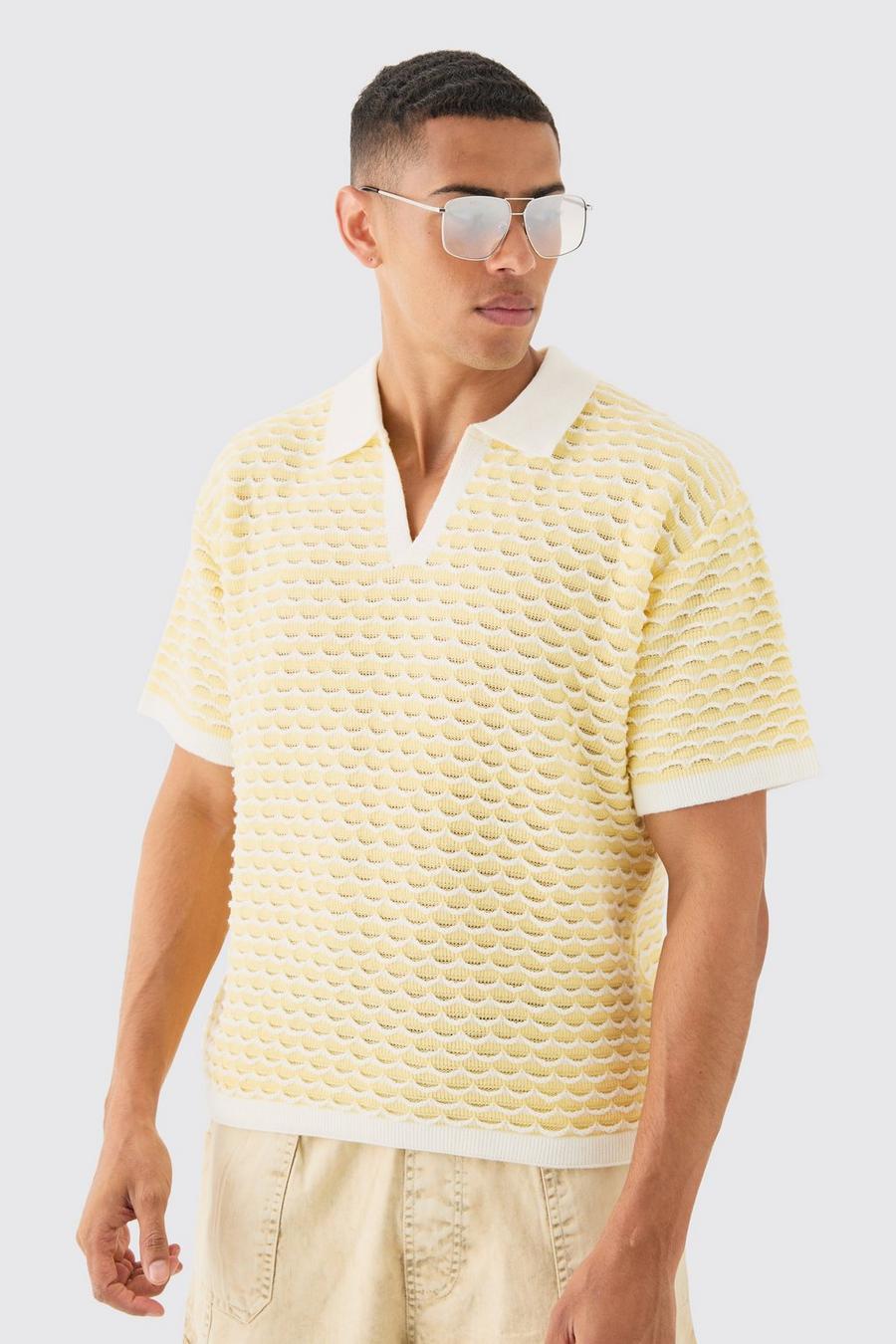 Kastiges strukturiertes Oversize Strick-Poloshirt mit Streifen, Yellow image number 1