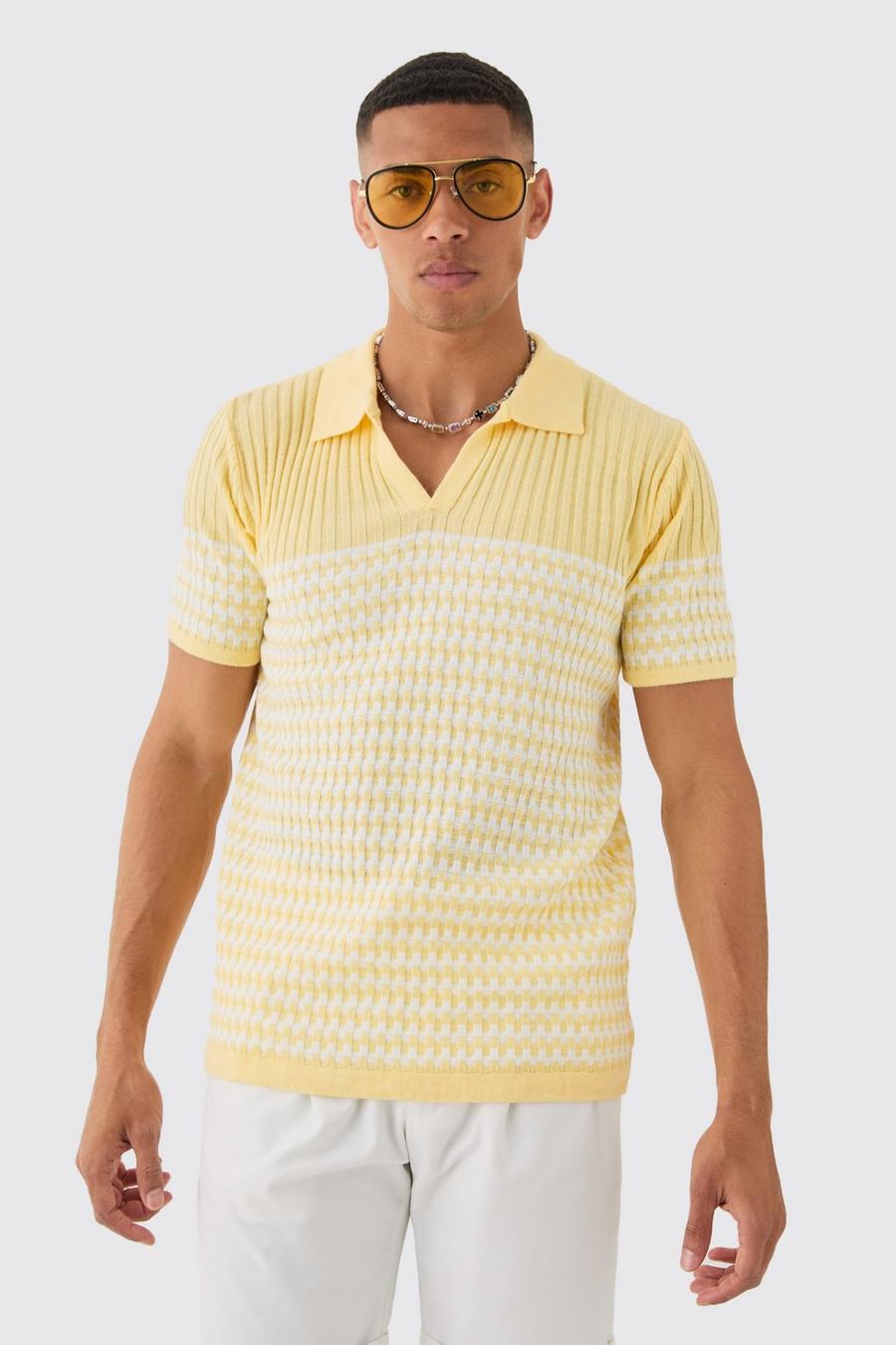 Yellow Regular V Neck Stripe Knitted Polo image number 1