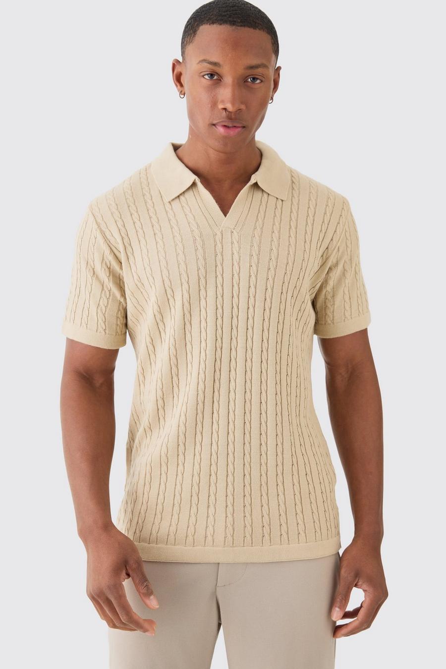 Stone Regular Revere Collar Cable Knit Polo image number 1