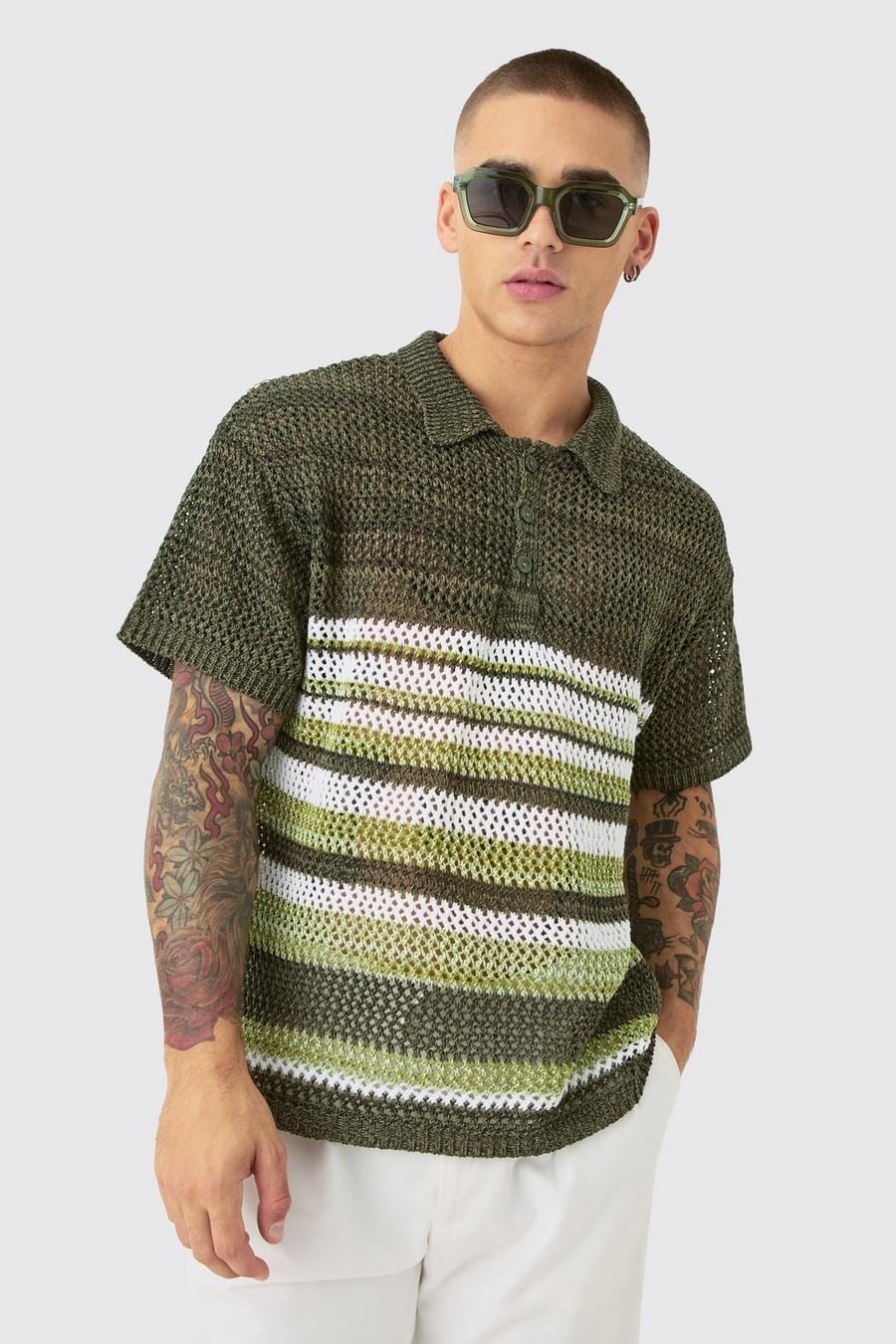 Green Oversized Boxy Ombre Open Stitch Polo