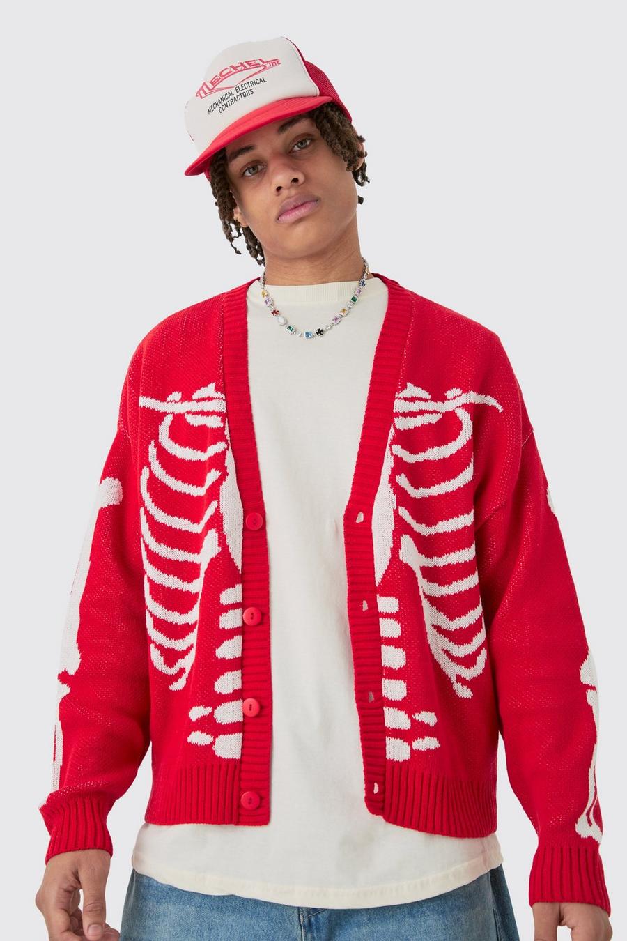 Cardigan oversize à motif jacquard squelette, Red image number 1