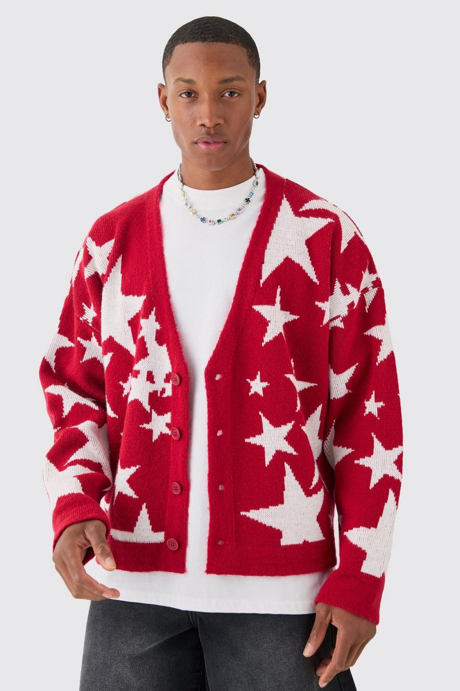 Red Boxy Oversized Brushed Star All Over Cardigan image number 1