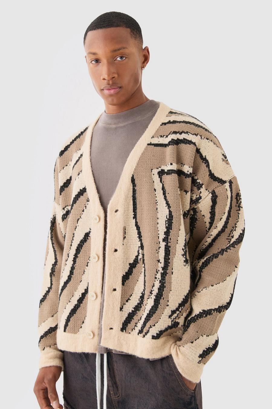 Stone Boxy Oversized Brushed Abstract All Over Jacquard Cardigan image number 1