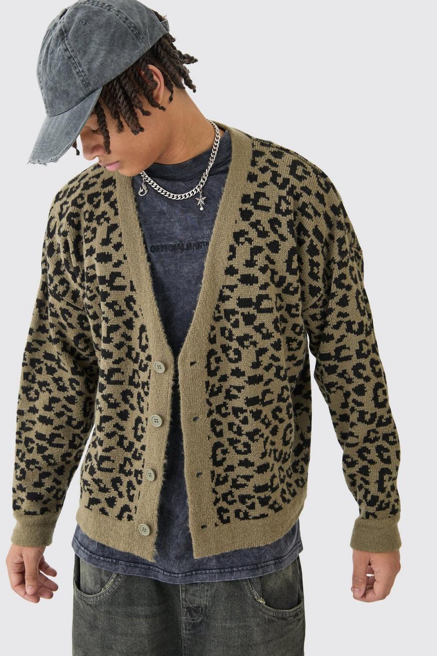Kastiger Oversize Jacquard-Cardigan mit Leopardenprint, Khaki