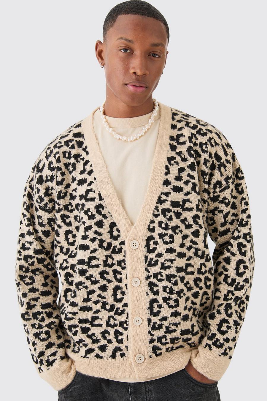 Stone Boxy Oversized Leopard All Over Jacquard Cardigan