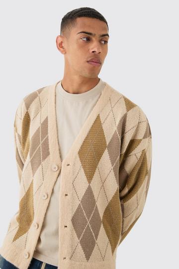 Stone Beige Boxy Oversized Brushed Check All Over Cardigan