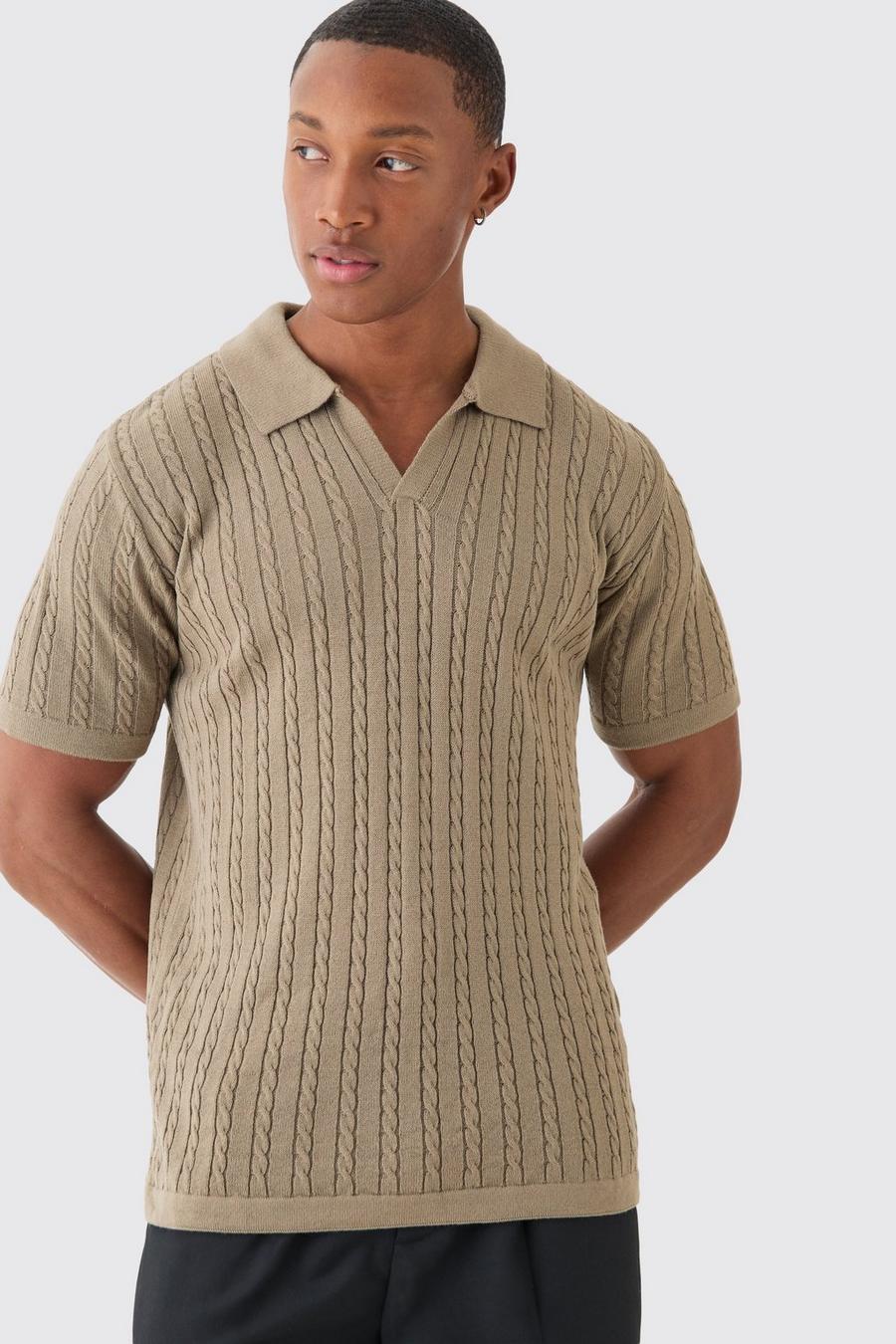 Taupe Regular Revere Collar Cable Knit Polo image number 1