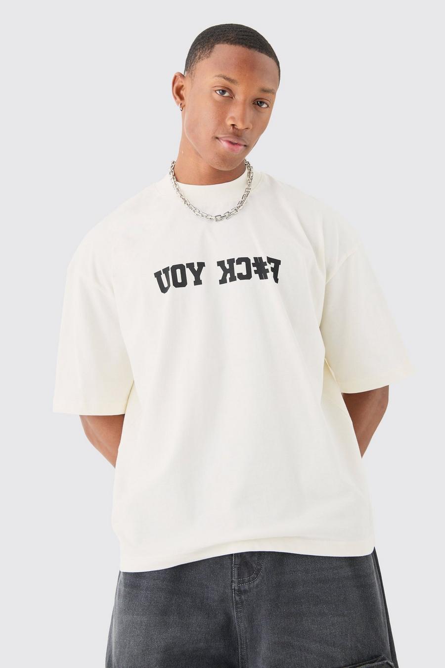 Ecru Oversized Boxy Extended Neck Slogan T-shirt