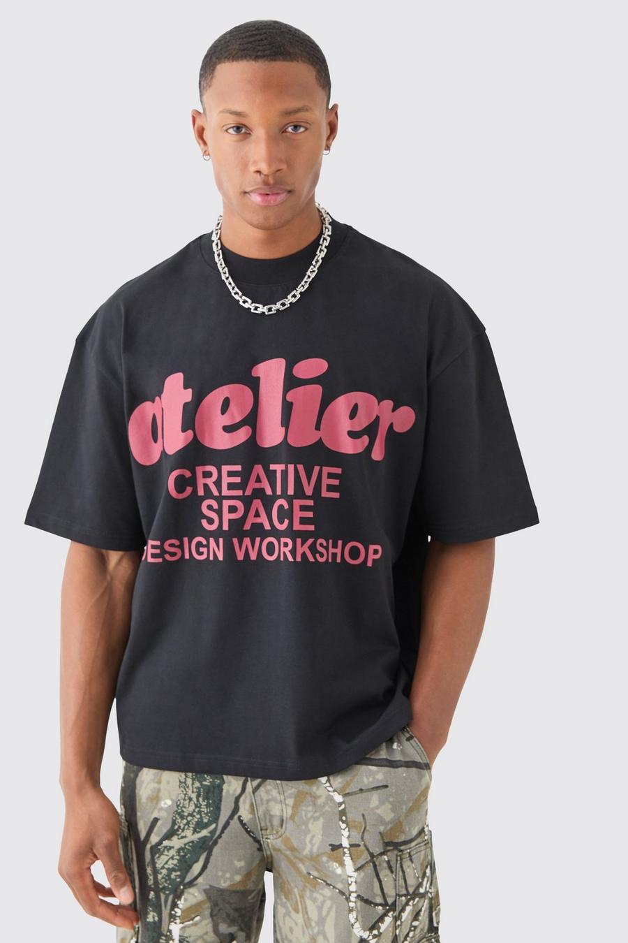 Black Oversized Boxy Extended Neck Atelier Graphic T-shirt