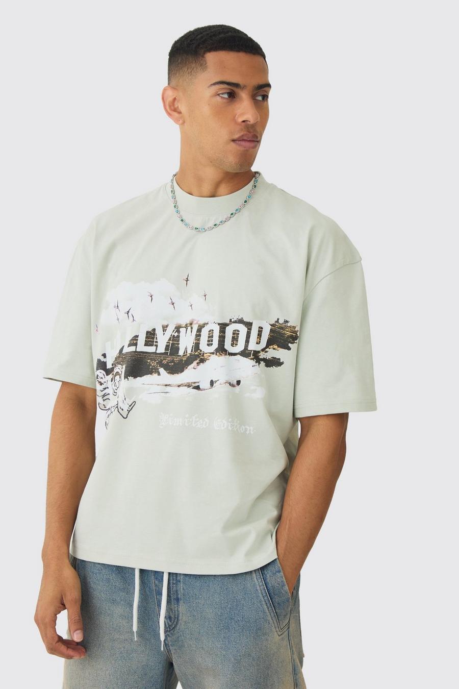 Light grey Oversized Boxy Extended Neck Hollywood Graphic T-shirt