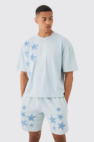 Oversized Acid Wash Denim Stars Applique T-Shirt & Shorts Set light blue