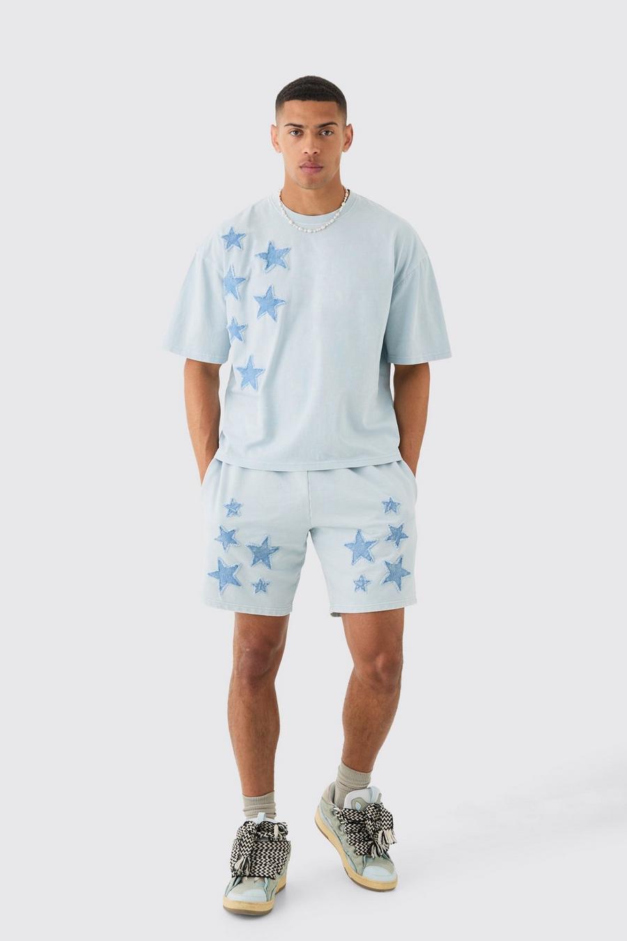 Light blue Oversized Acid Wash Denim Stars Applique T-shirt & Shorts Set
