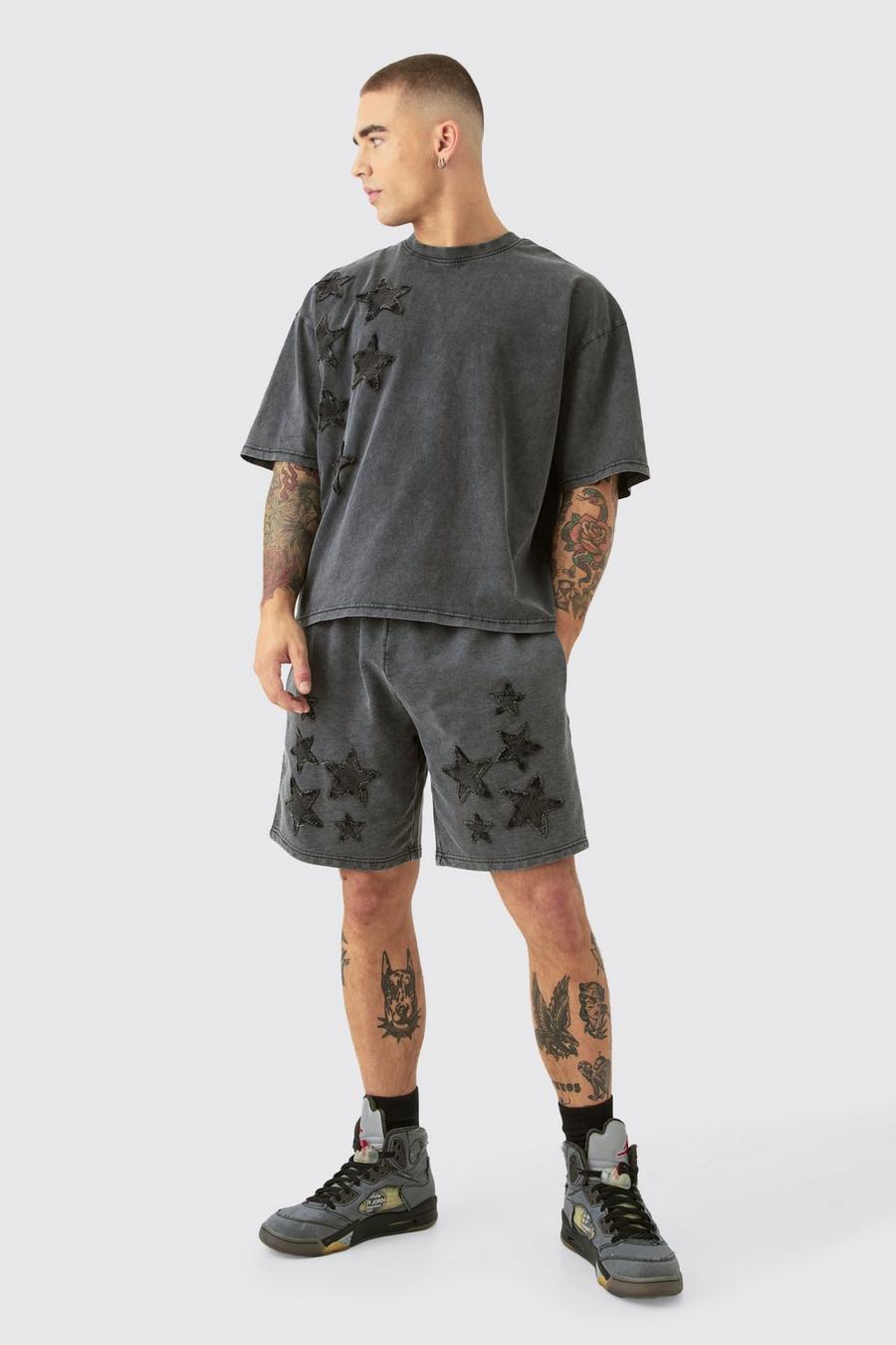 Charcoal Oversized Acid Wash Denim Stars Applique T-shirt & Shorts Set image number 1