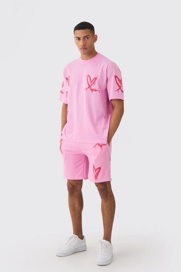 Oversized Heart Spray Print T-shirt & Short Set pink