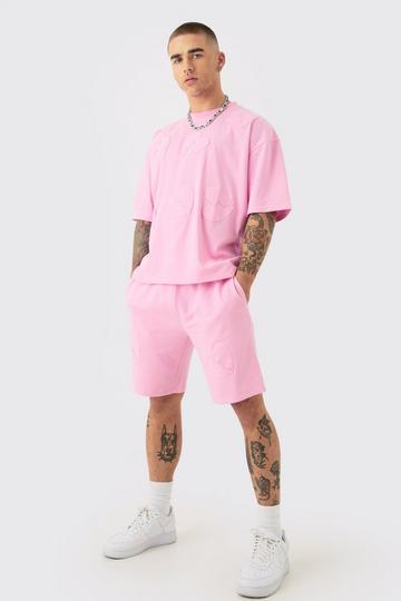 Oversized Boxy All Over Heart Applique T-shirt & Shorts Set pink