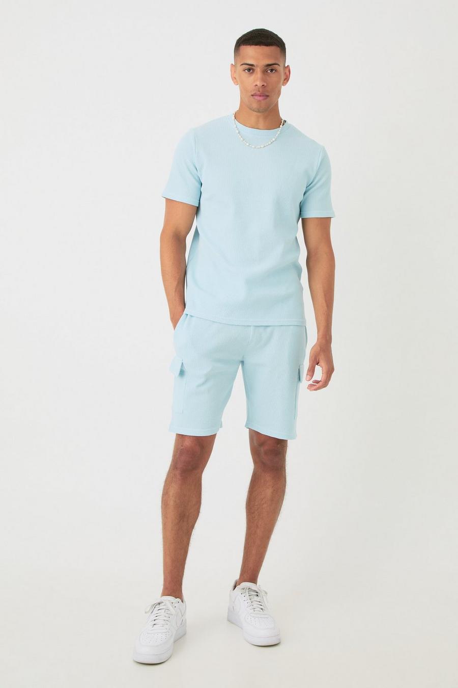 Conjunto de pantalón corto cargo y camiseta ajustada de tela gofre, Light blue