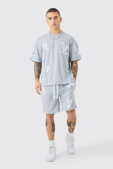 Oversized Heart Spray Print T-shirt & Shorts Set grey marl