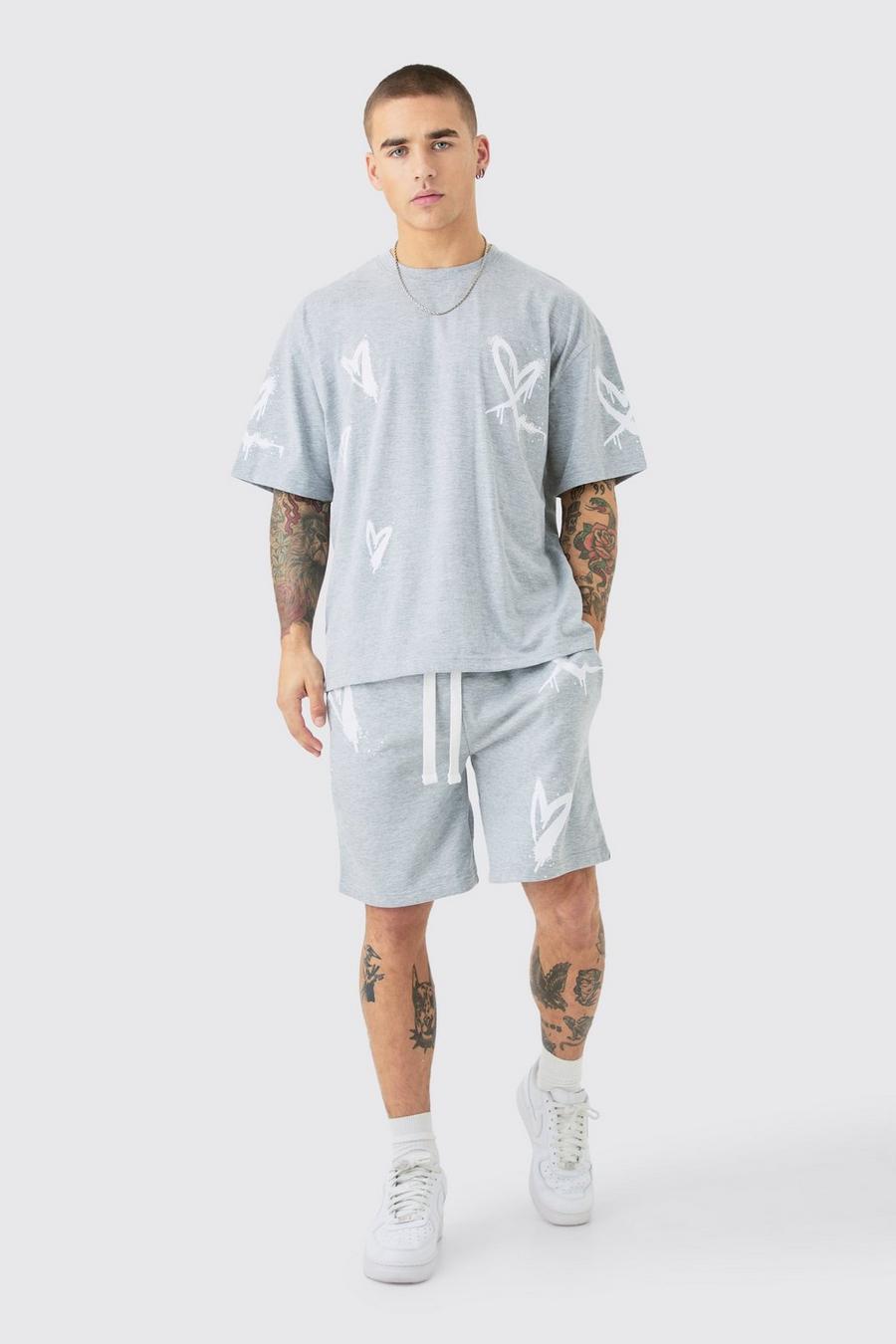 Set T-shirt oversize con stampa di cuori & pantaloncini, Grey marl image number 1