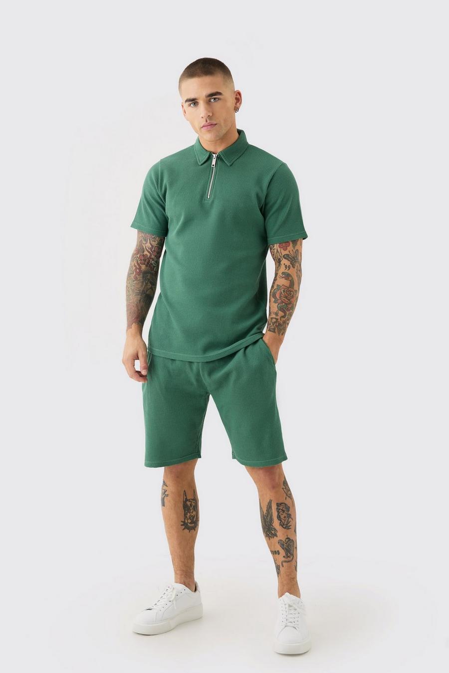 Slim-Fit Poloshirt & Shorts in Waffeloptik, Forest image number 1