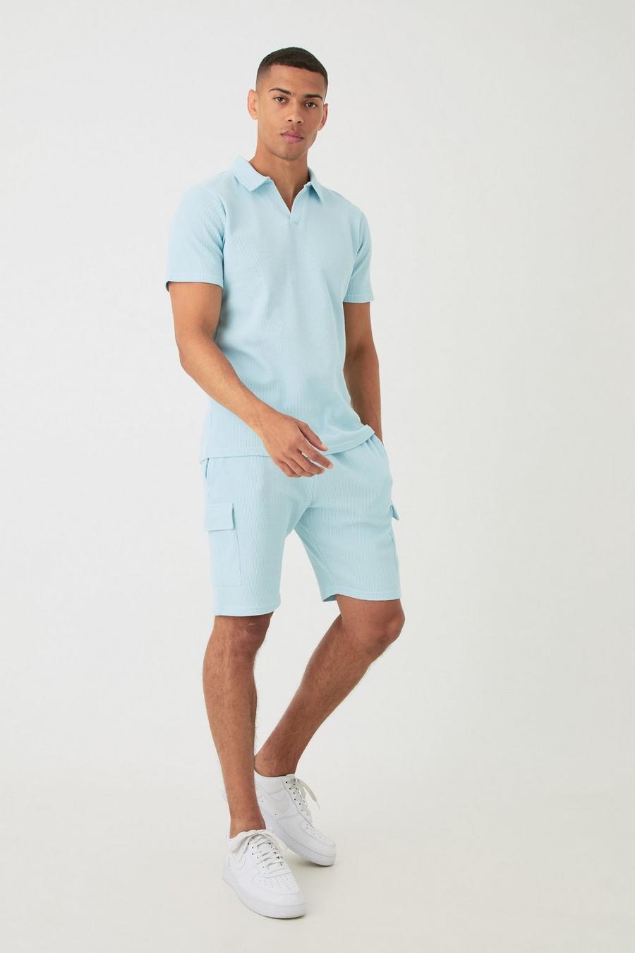 Slim-Fit Poloshirt & Cargo-Shorts in Waffeloptik, Light blue