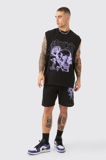 Oversized Rose Skull Waffle Large Printed Tank & Shorts Set black