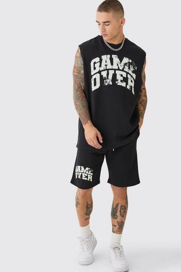 Oversized Game Over Rib Printed Tank & Shorts Set black