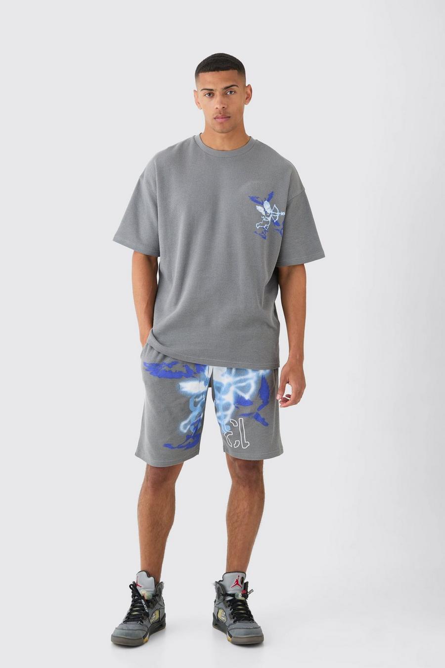 Charcoal Oversized Wafel Gebreid Gothic T-Shirt Met Print En Shorts Set