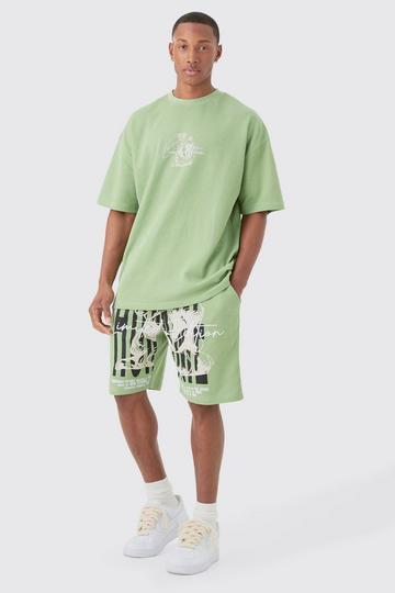 Sage Green Oversized Gothic Waffle Large Graphic T-Shirt & Shorts Set