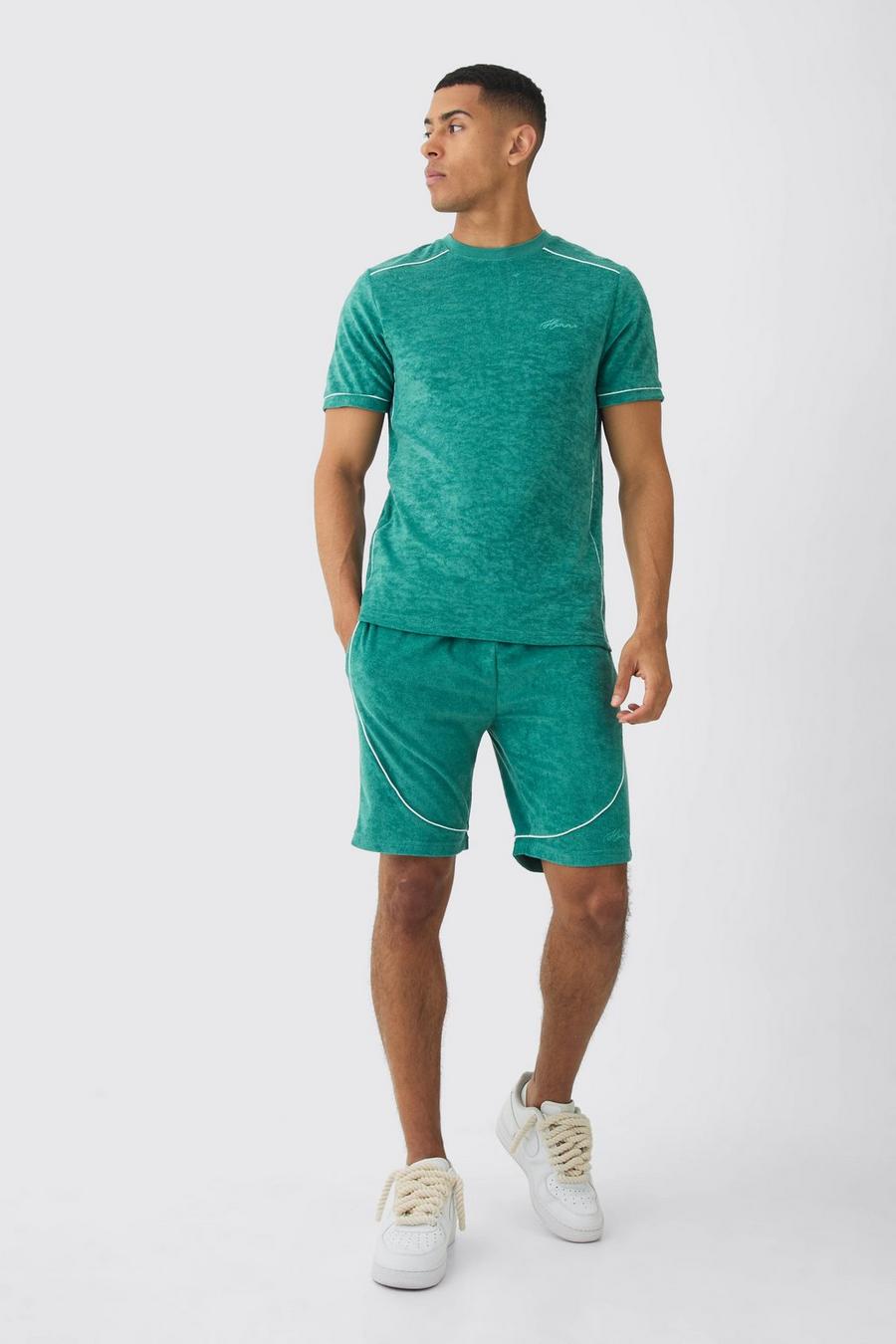 Green Slim Fit Towelling Piping T-shirt & Short Set image number 1