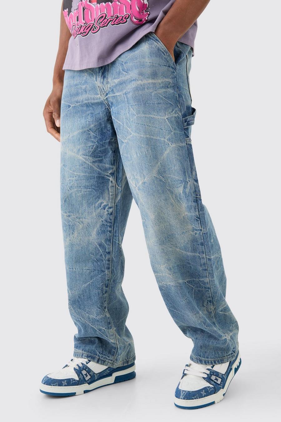Baggy Rigid Carpenter Crinkle Denim Jeans In Antique Blue
