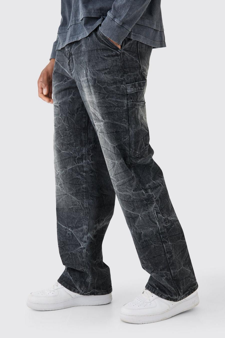 Baggy Rigid Carpenter Crinkle Denim Jeans In Washed Black