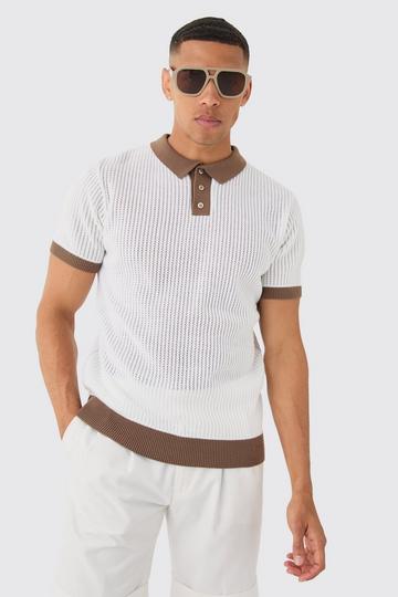 White Regular Fit Ribbed Open Stitch Contrast Polo In White