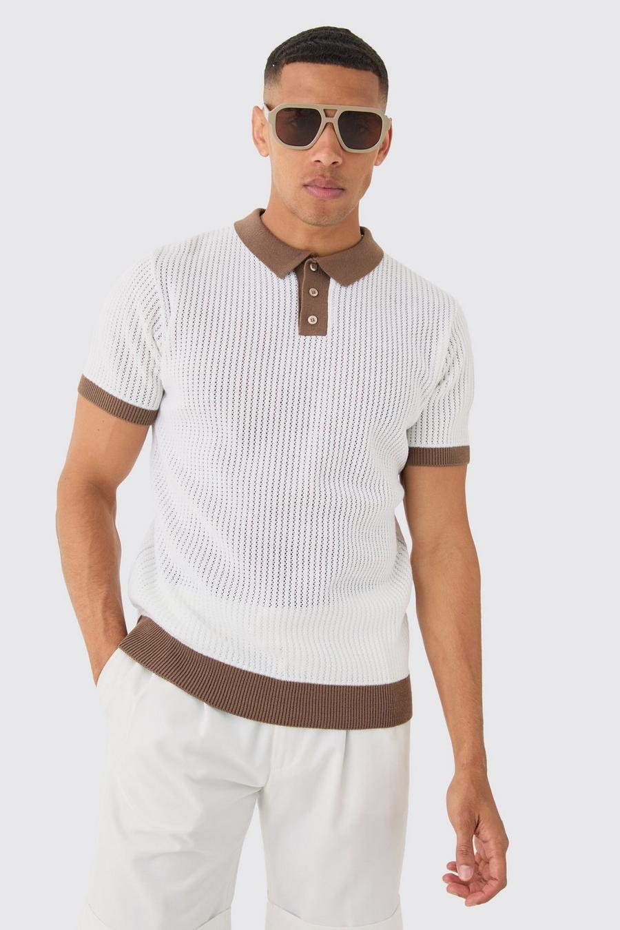 Geripptes Kontrast-Poloshirt in Weiß mit Naht, White image number 1