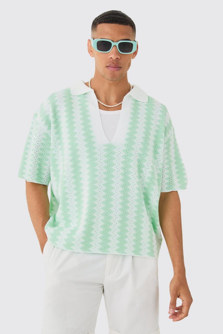 Oversized Boxy Drop Revere Open Stitch Stripe Polo In White image number 1