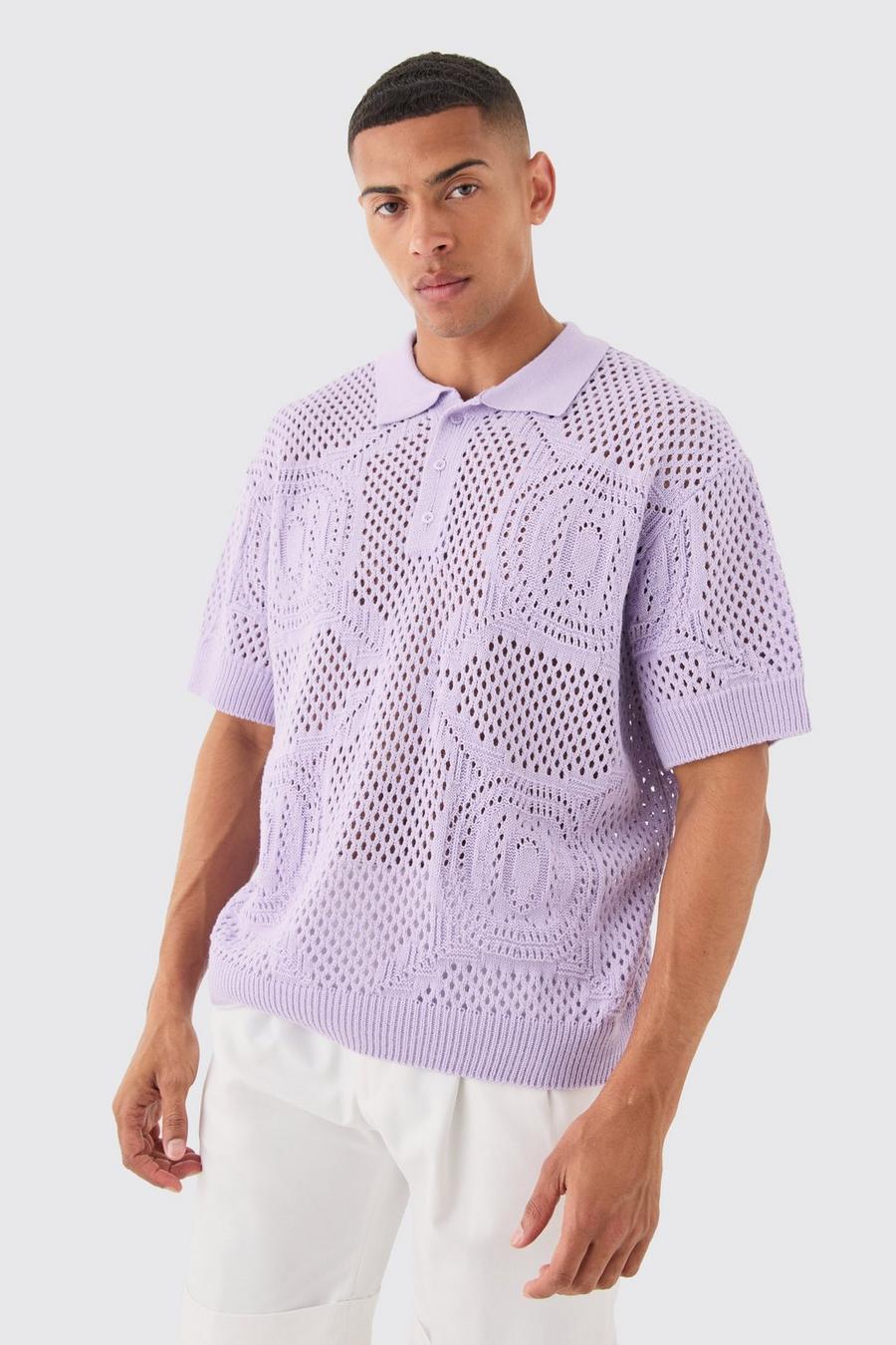 Oversized Boxy Open Stitch All Over Textured Polo In Lilac image number 1