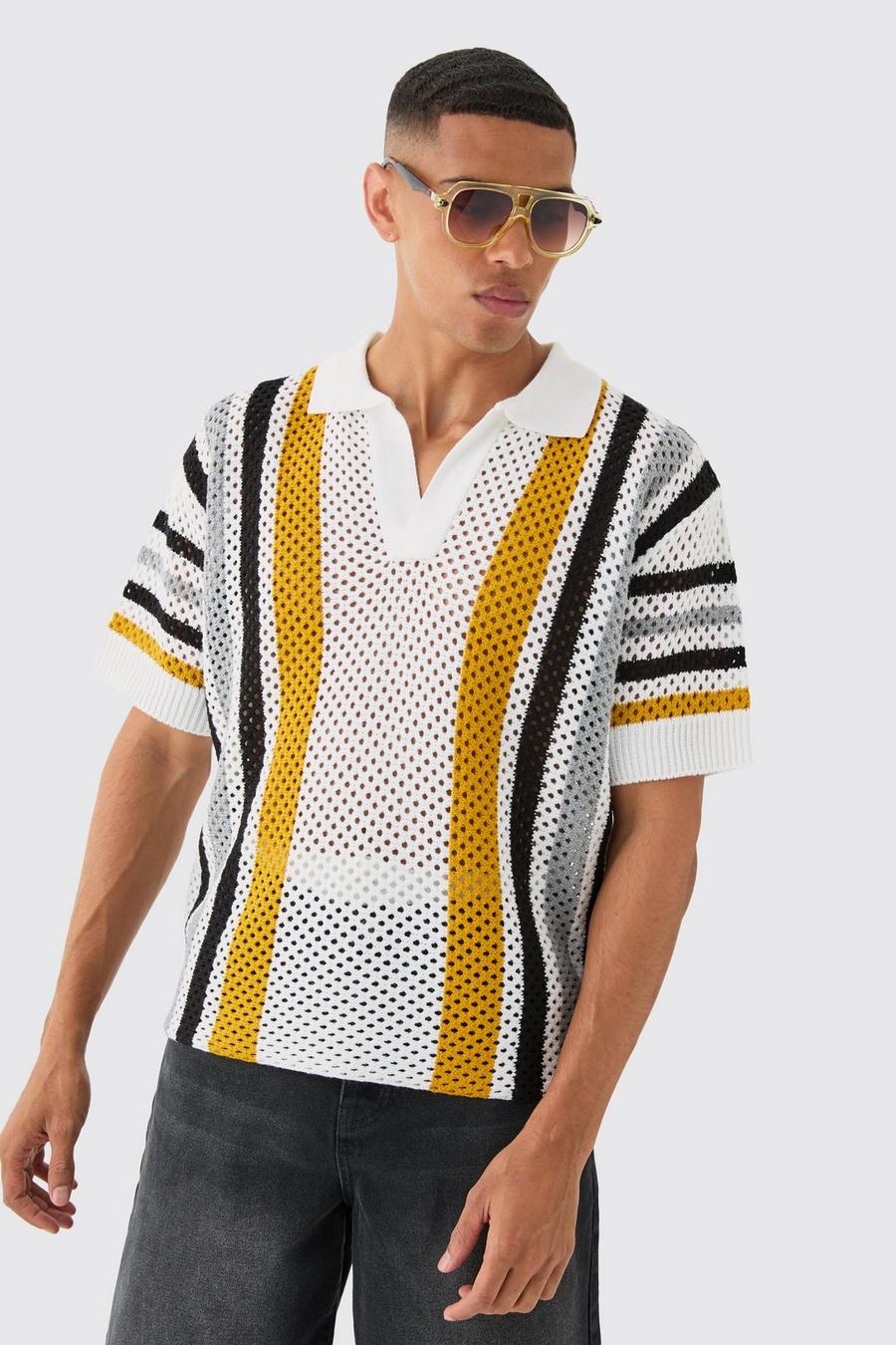 Oversized Boxy Open Stitch Stripe Polo In White image number 1