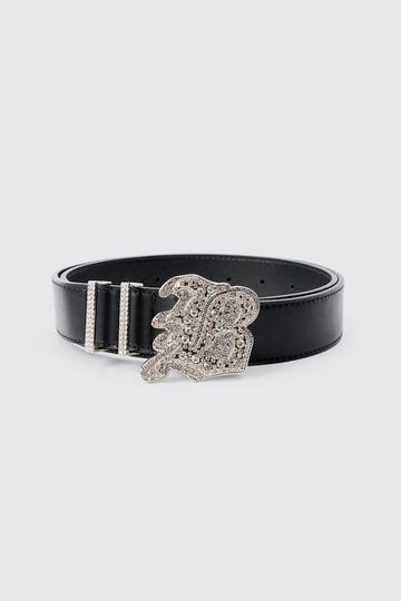 Faux Leather Belt With B Branded Buckle In Black