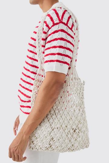 White Open Knit Crochet Tote Bag In White