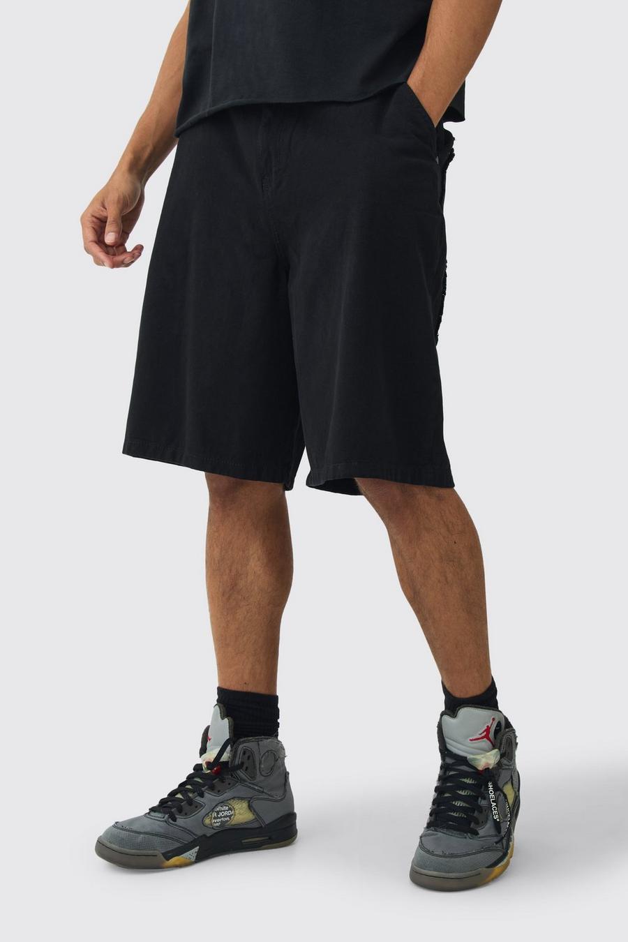 Black Fixed Waist Distressed Parachute Shorts