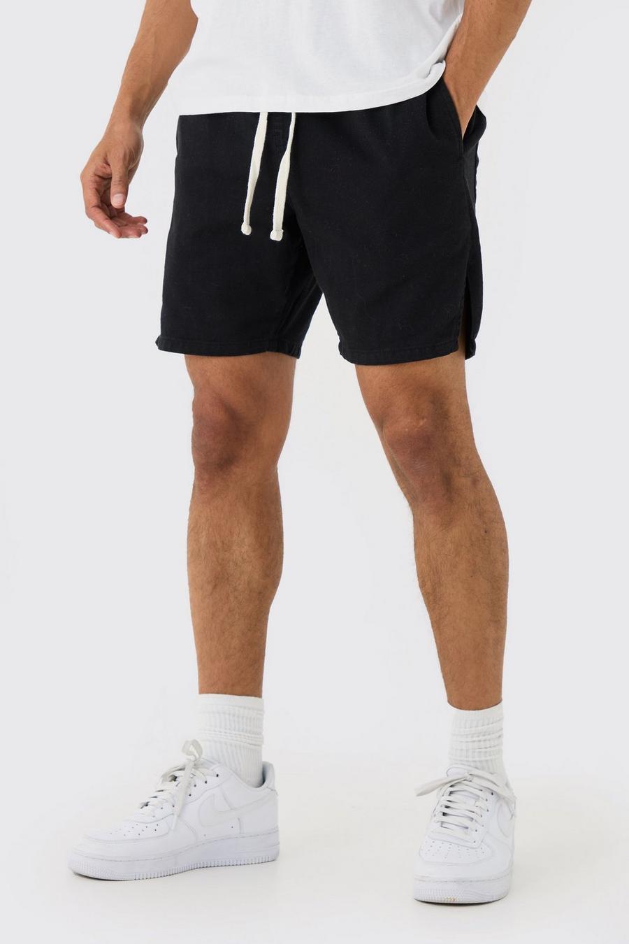 Black Elasticated Waist Contrast Drawcord Split Hem Shorts