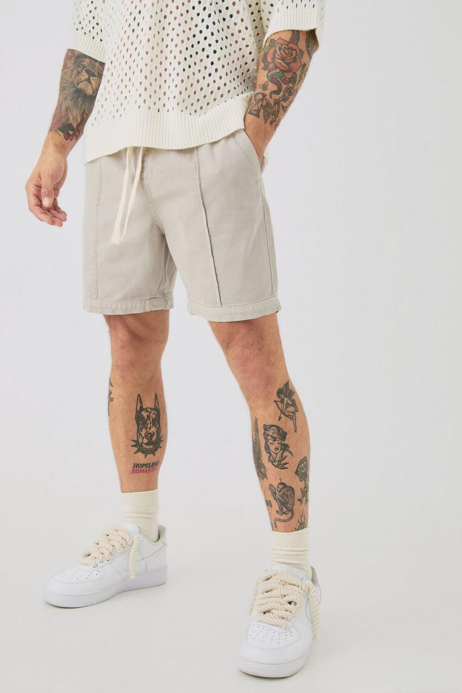 Stone Elasticated Waist Contrast Drawcord Relaxed Pintuck Shorts image number 1