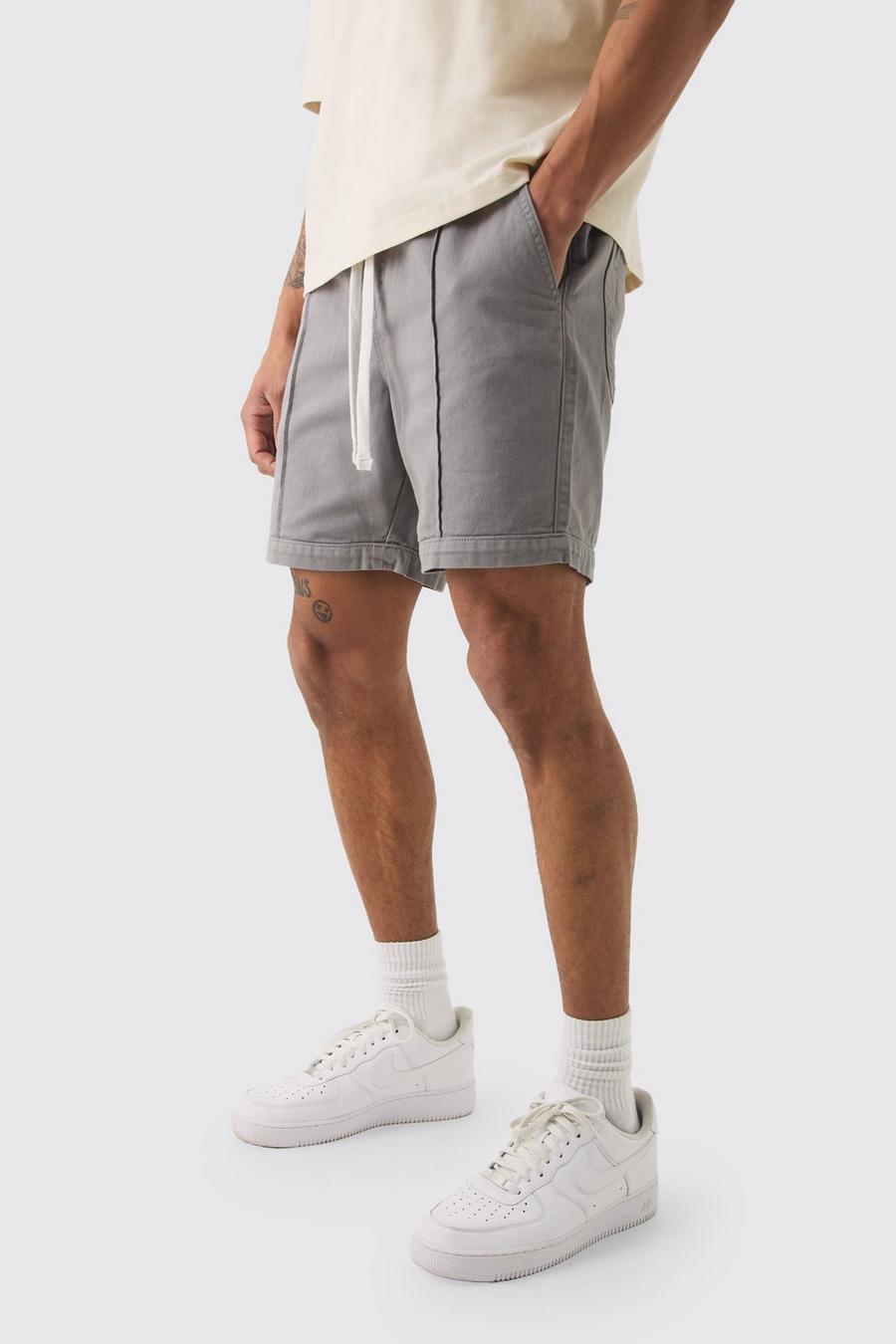 Grey Elasticated Waist Contrast Drawcord Relaxed Pintuck Shorts image number 1