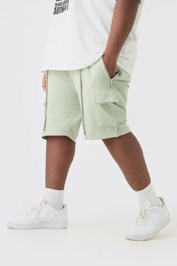 Sage Green Plus Loose Fit Raw Interlock Seam Cargo Jersey Short